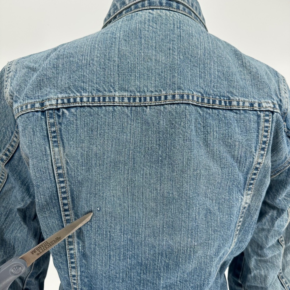 Vintage J.Crew‎ Blue Denim Trucker Jean Jacket Distressed Y2K Women's Medium - Picture 5 of 14